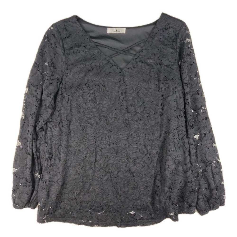 Agnes Orinda Plus Size‎ Lace Blouse Women Cross V Neck Sheer Double Layers 1X